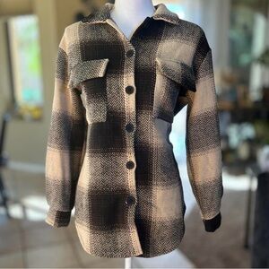 SHEIN Black and Cream Button Up Plaid Shirt